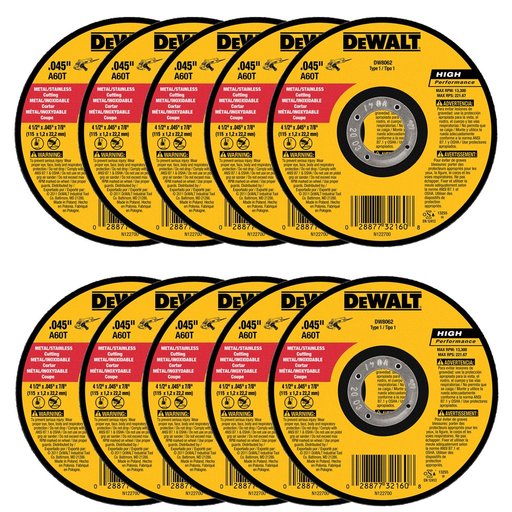 (qty 10) Dewalt Dw8062 4-1/2" X .045 X 7/8" Metal Cut-off Wheel